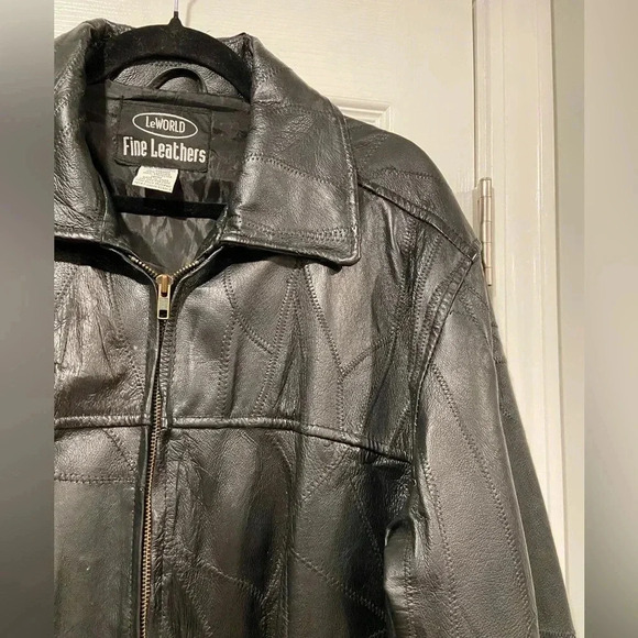 LeWorld Fine Leathers Men’s 100% Black Leather Stitched Patchwork Jacket Size XL - Picture 2 of 12